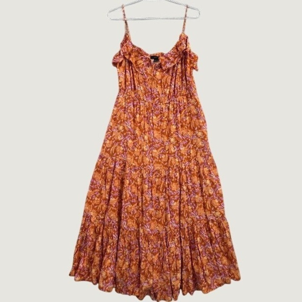 J.Crew Floral Maxi Dress Women Large Orange Purple Tiered Ruffle Pockets NWT